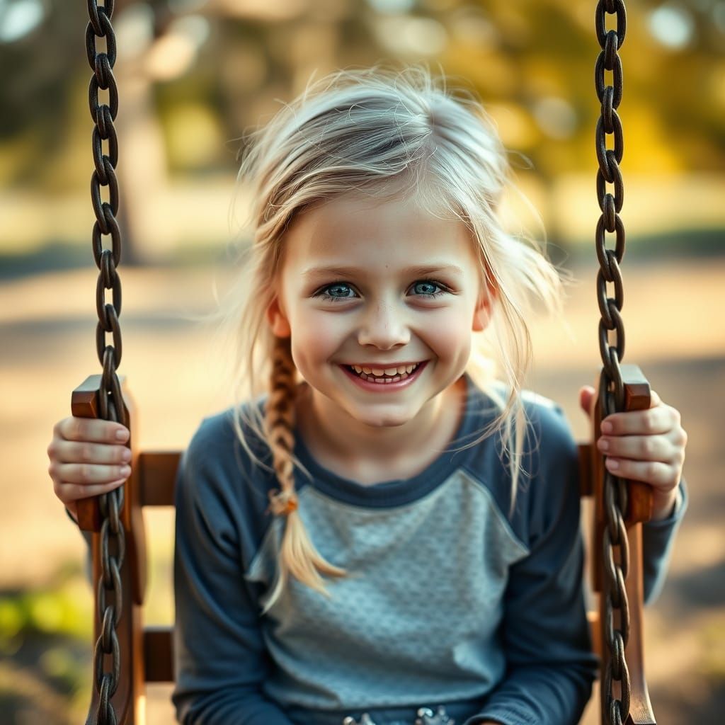 Joyful Blonde Girl on Classic Swing in Sunny Outdoor Setting