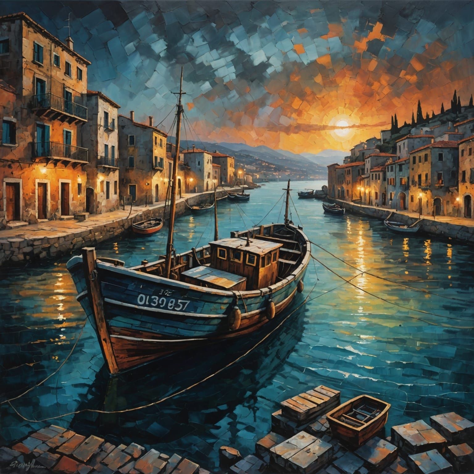 Fishing Boat at Sunrise: Acrylic Painting