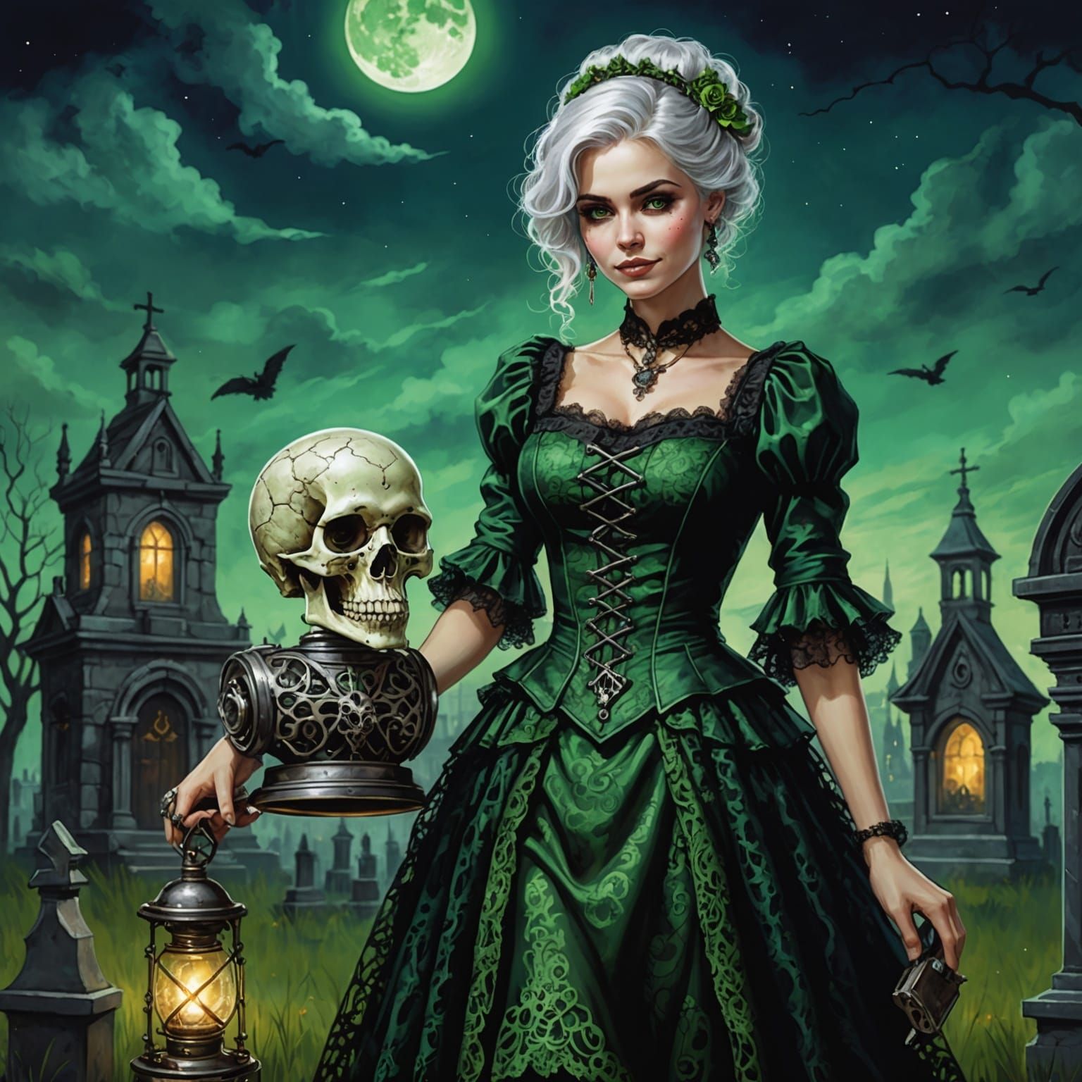 Steampunk Necromancer with Skull in Alcohol Ink Style