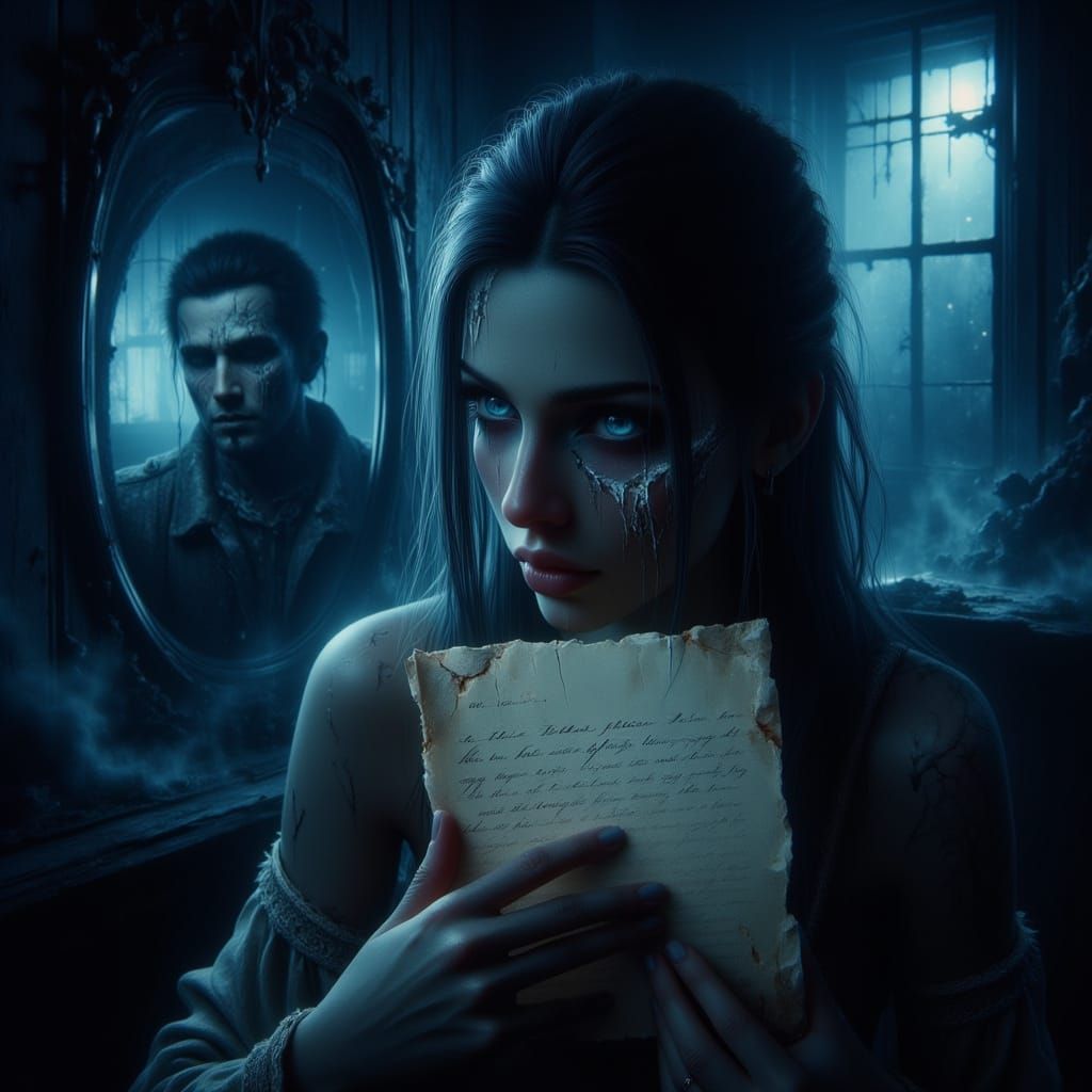 Girl in Moonlight Clutching Letter with Spectral Figure