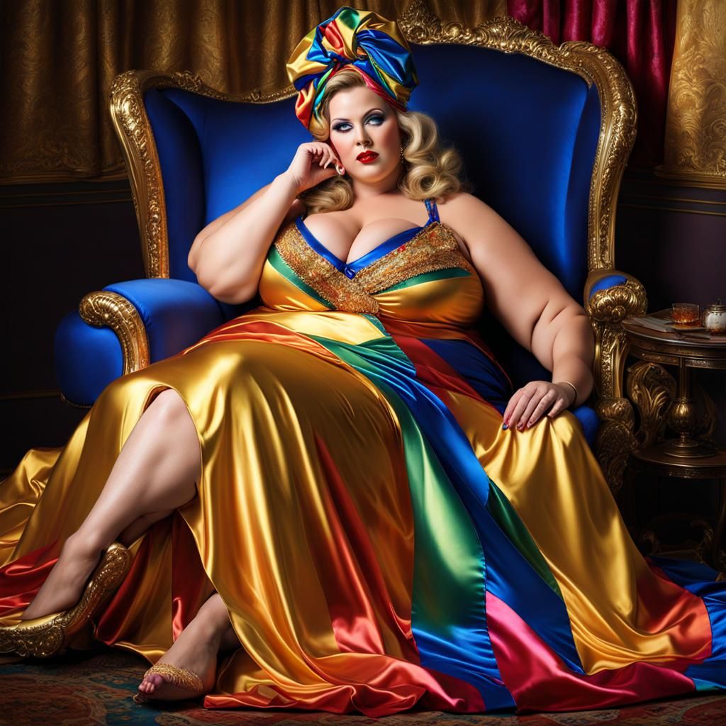 Realistic Artistic Sissy Satin Flamboyant Statuesque Glamorous Big Beautiful Woman BBW Woman relaxing supine on a Chaise...