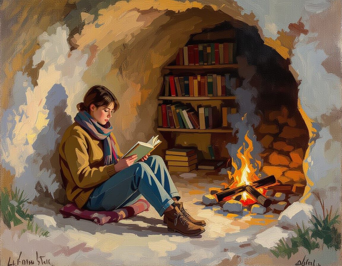 Teen Reading in Cozy Cave, Impressionist Style
