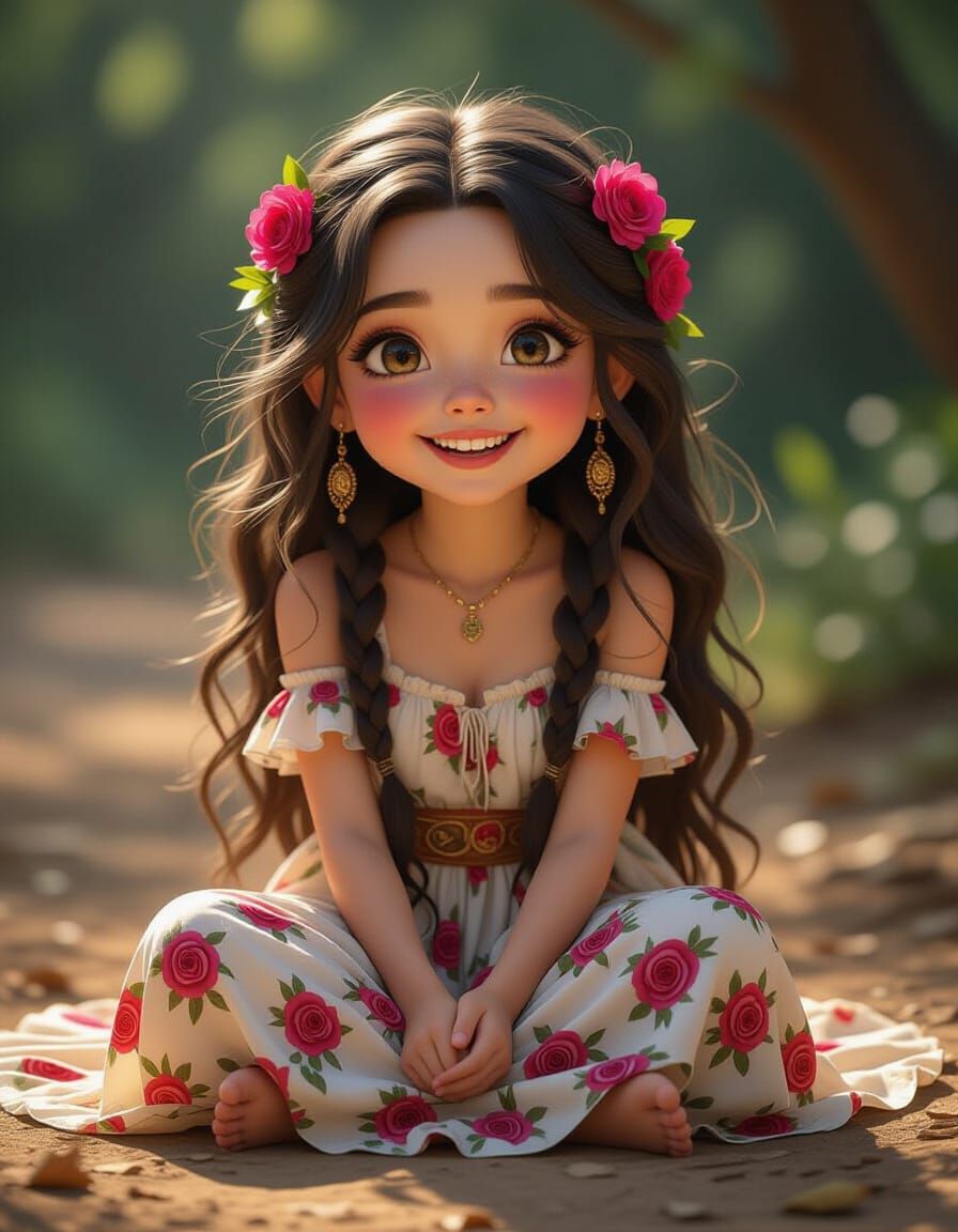 Chibi Gypsy Girl with Rose Skirt, Photorealistic Detail
