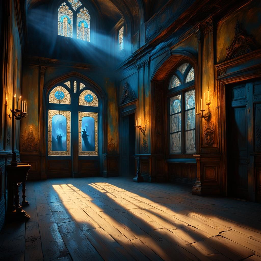 Ghosts in Abandoned Mansion Hallway: Impressionist Oil Paint...
