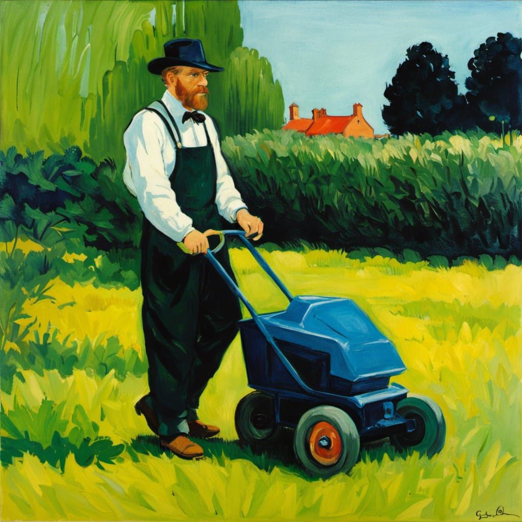 Van Gogh Mowing Lawn: Impressionist Gouache Painting