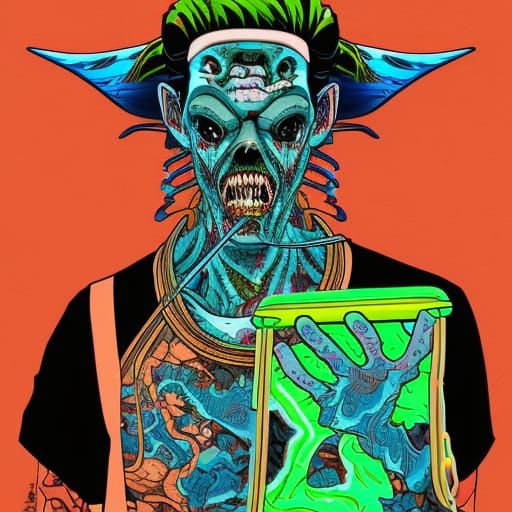 Zombie Skater Portrait in Ukiyo-e Steampunk Style