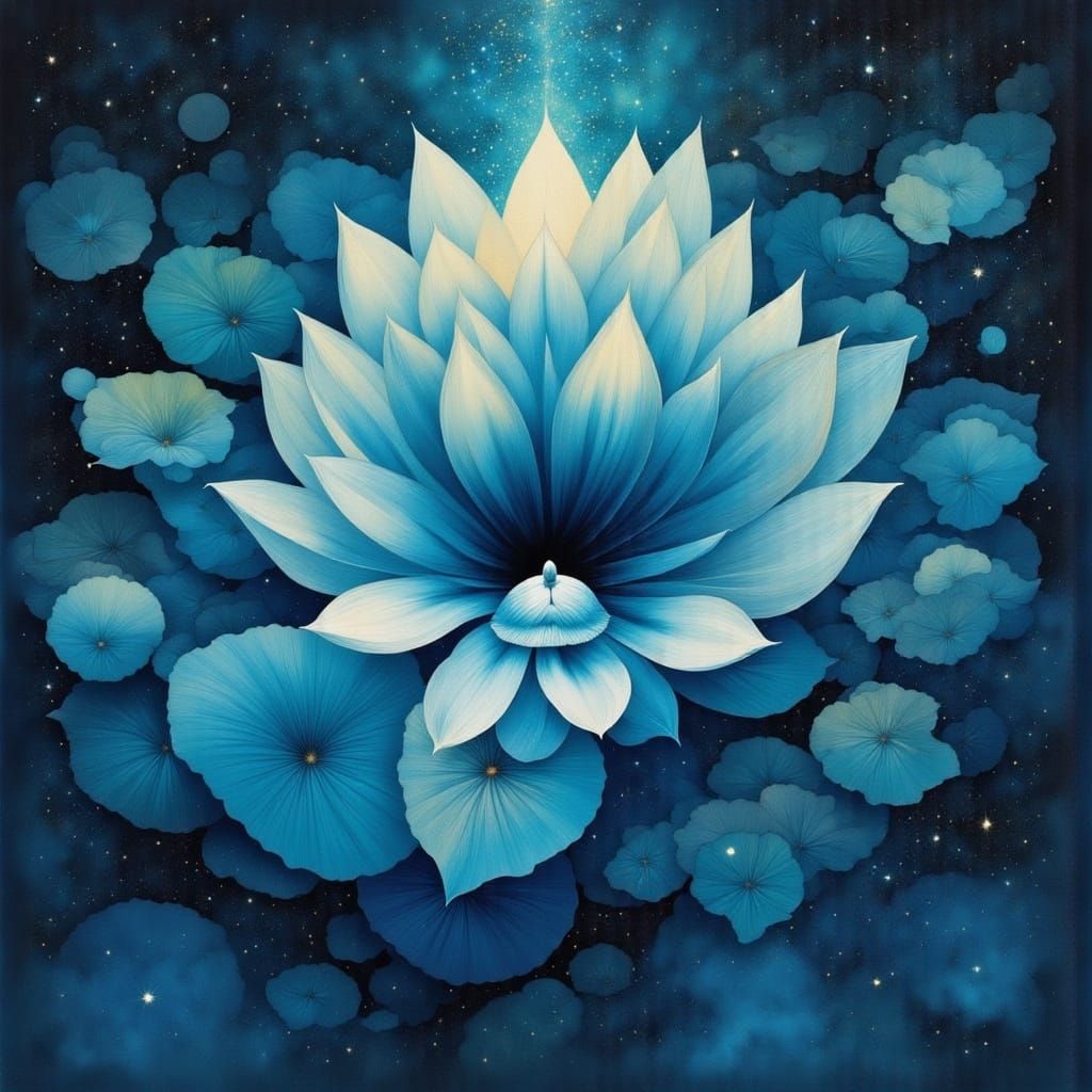 <lora:mystic flux:1.0> MINA sereine, à la belle peau doré, repose paisiblement sur une grande fleur de lotus bleue aux d...