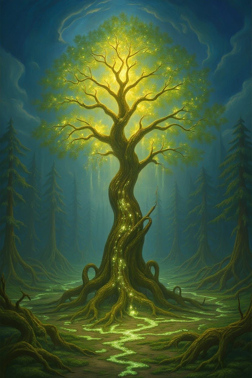 Bioluminescent Tree in Hidden Grove: Fantasy Art