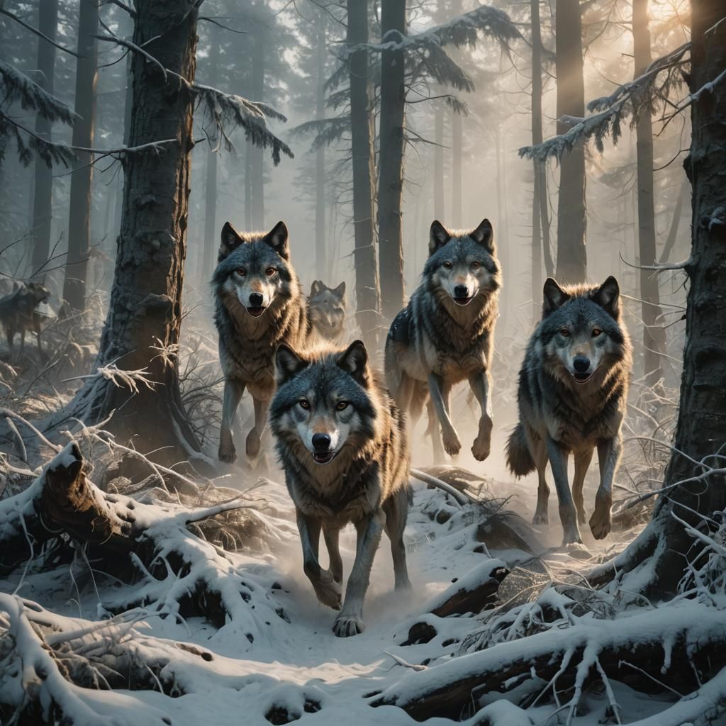 Timber Wolves in Misty Forest: Fantasy Concept Art
