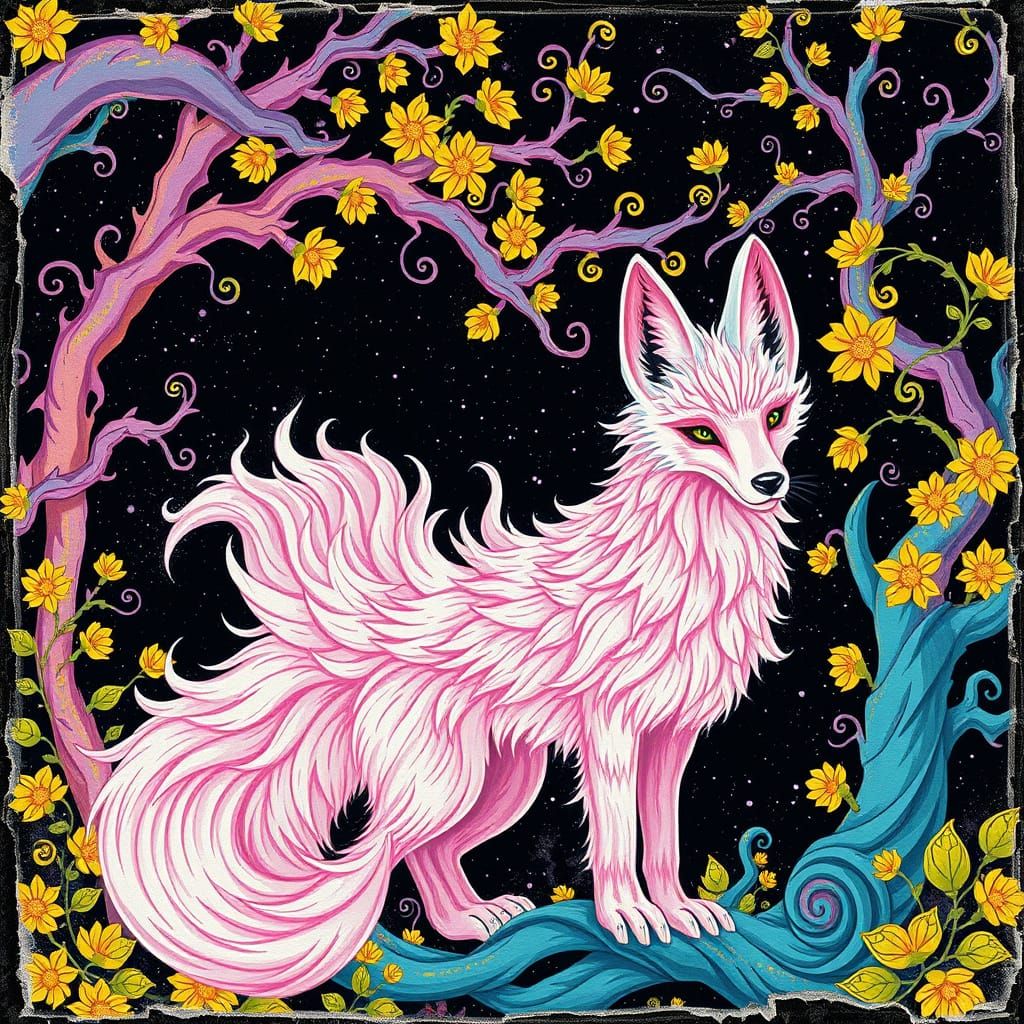 Colorful Kitsune Fox in Psychedelic Vintage Style