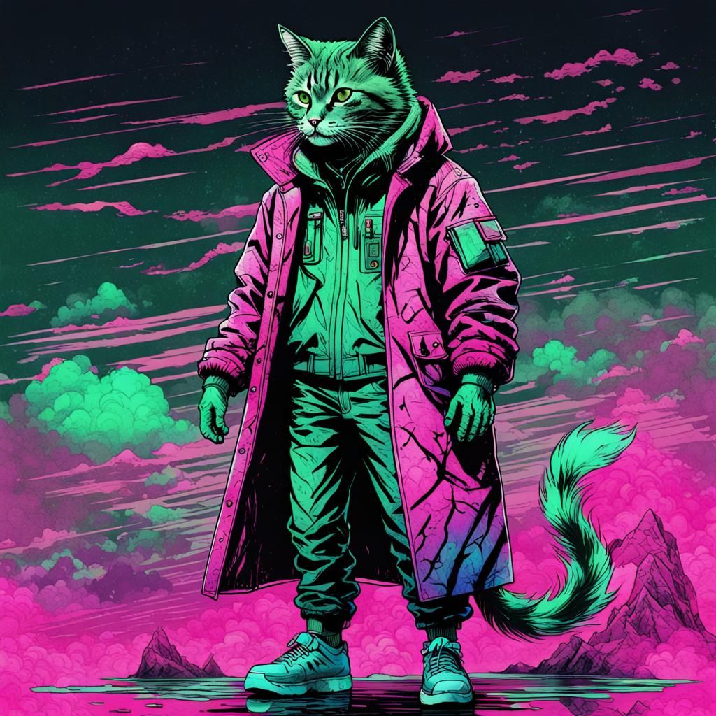 Bipedal Marbled Cat in Synthwave Vaporwave Style