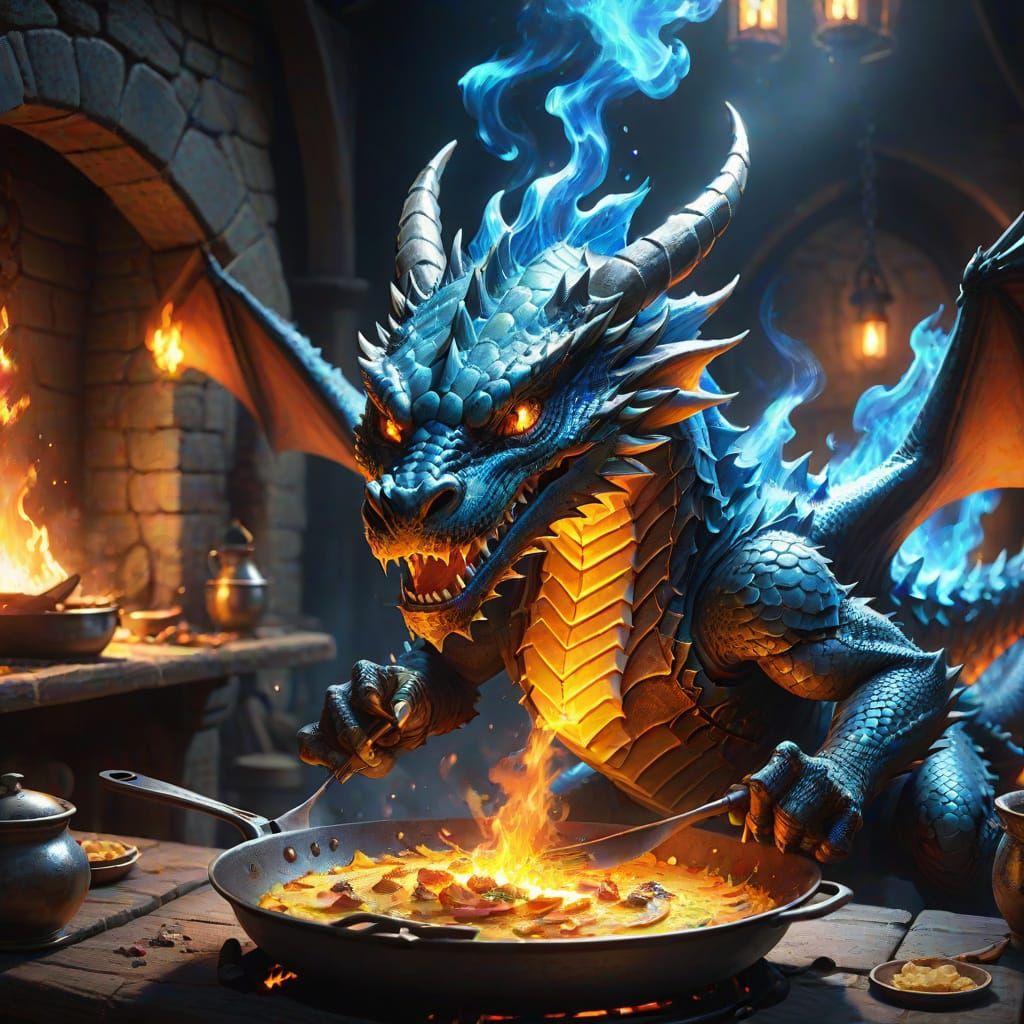 Dragon Cooks Fiery Omelette in Medieval Tavern