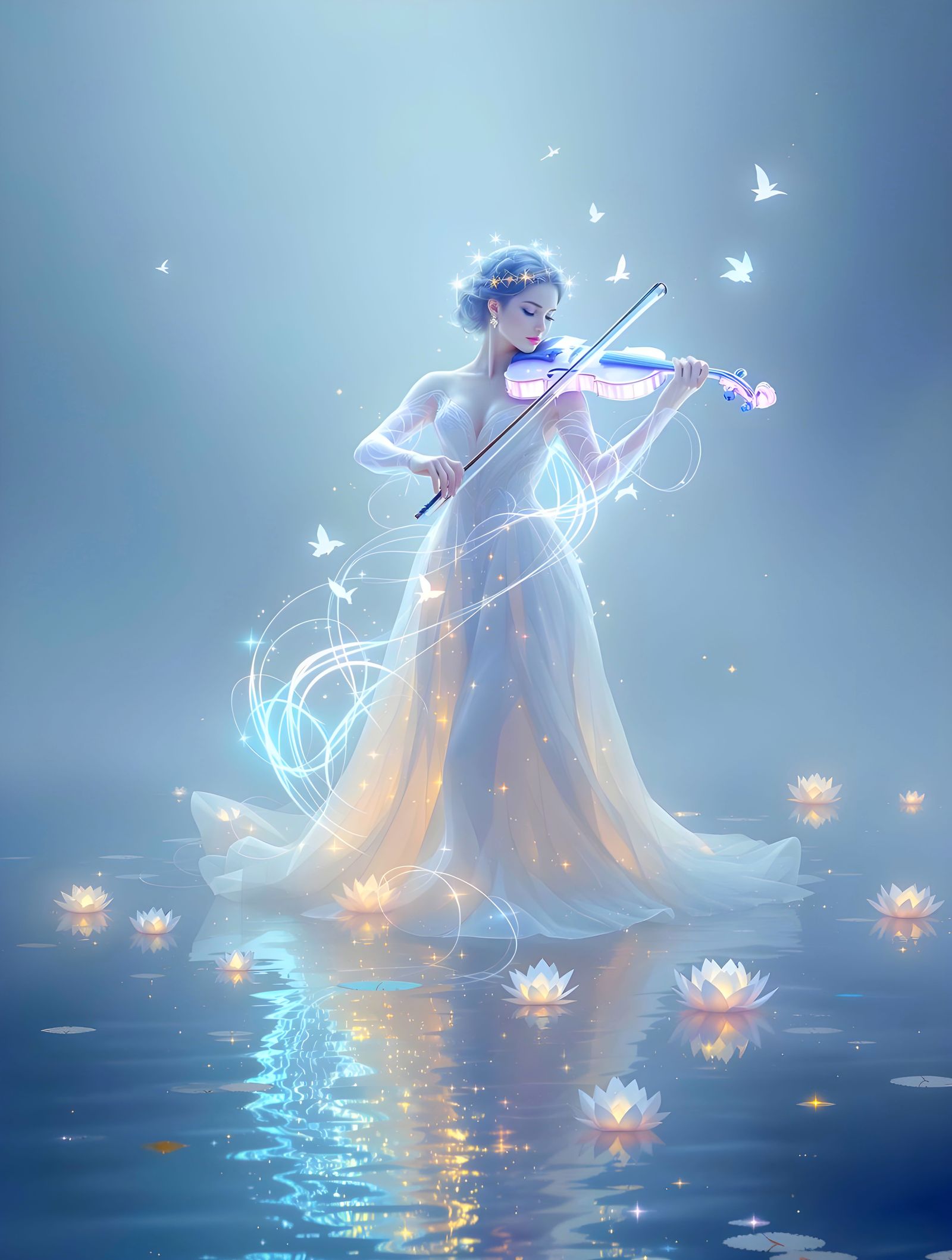 Ethereal Digital Painting of Serene Violinist in Foggy Lake