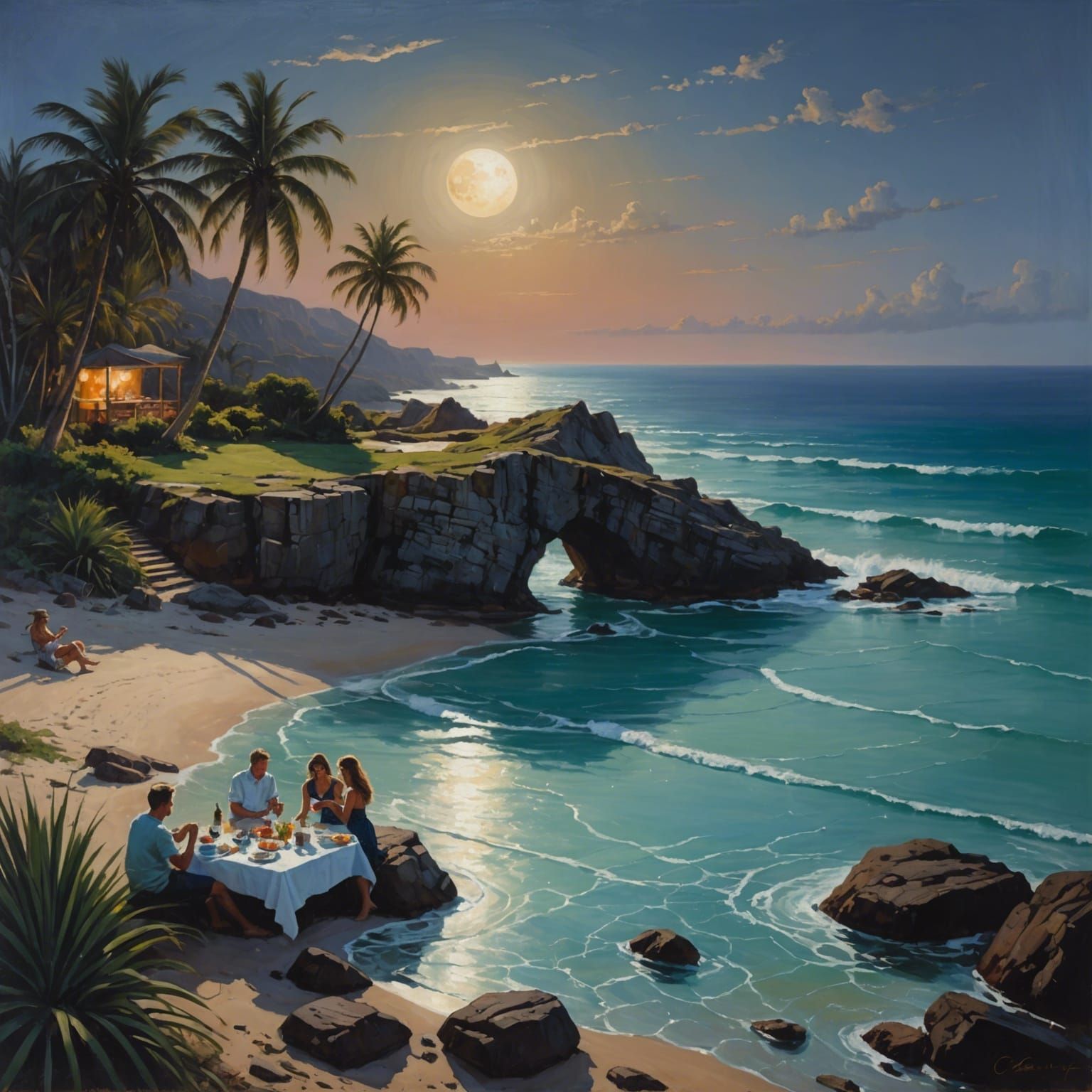 Romantic Beach Picnic by Moonlight, Oil Painting
