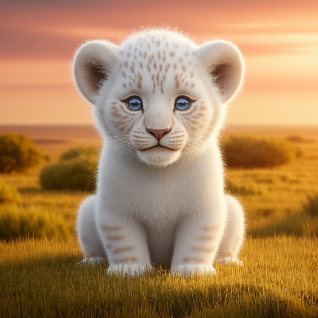 Fluffy White Lion Cub Basks in Golden Savanna
