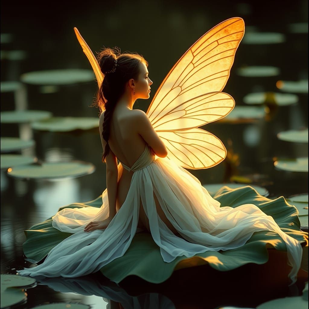 Ethereal Fairy Contemplating by Pond: Cinematic Film Still