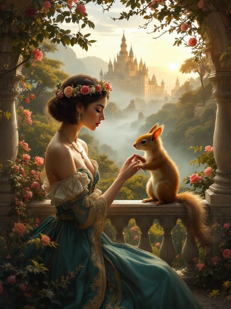 Woman and Winged Squirrel in Classical Fairytale Realism