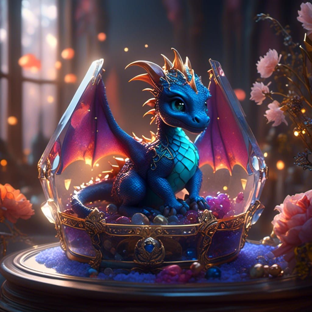 Cute Baby Dragon in Glowing Jewelry Box