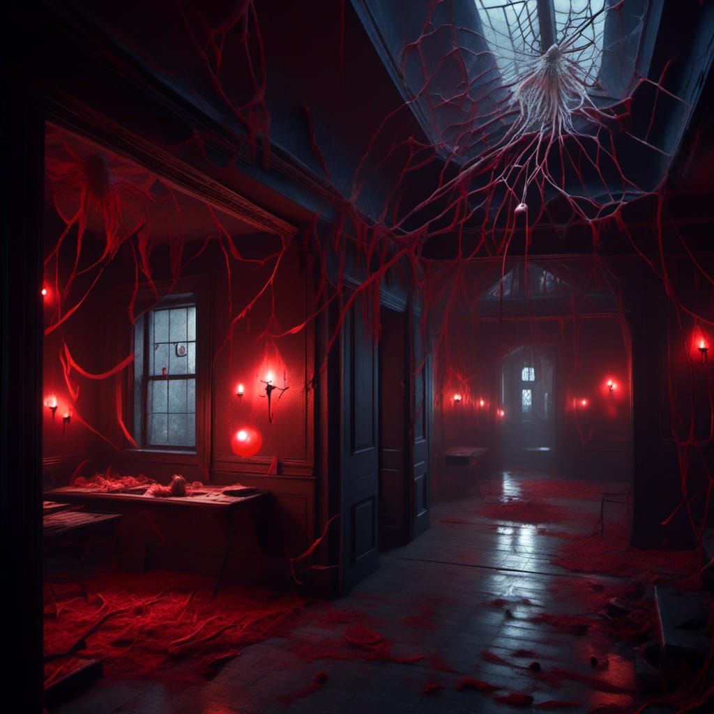 1st person inside a darkened College dorm spooky gothic Halloween themed, hallway party, ghostly red orbs floating, glow...