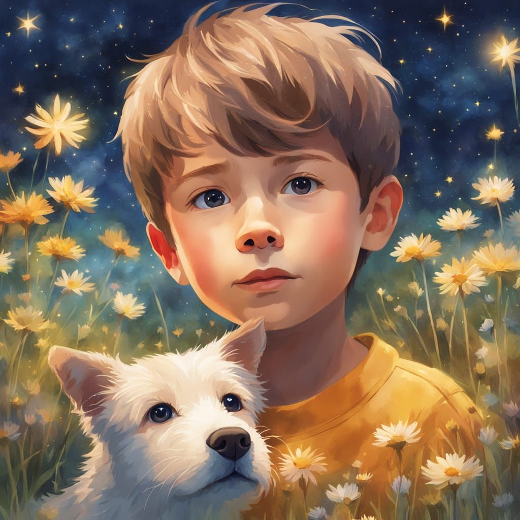 Boy with dog at night