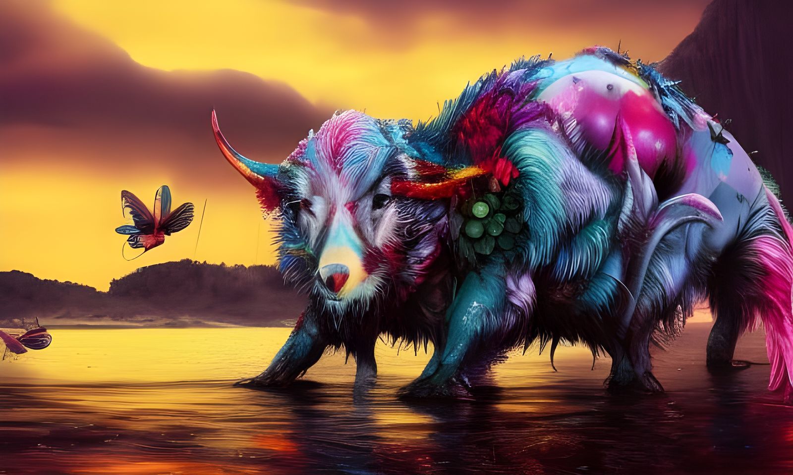 Animals Reflected in Sunset Colors: Detailed Matte Painting