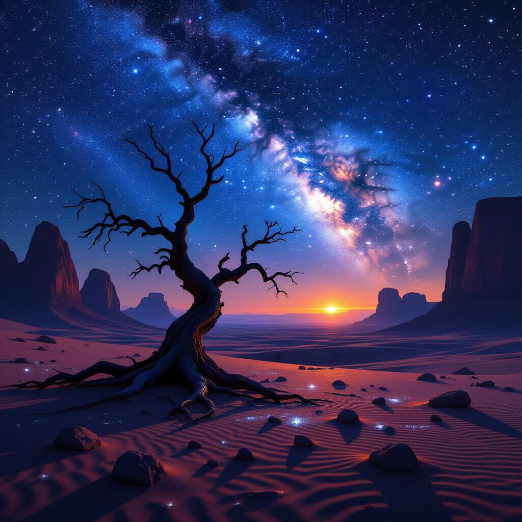 Ancient Tree Under Starry Alien Sky in Surreal Style