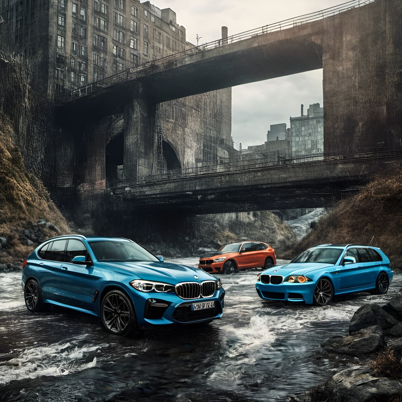 BMW Cars on Ship Under Mountain Bridge