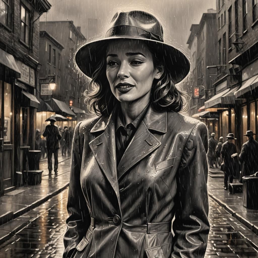 Jazz Singer in Rain: Charcoal Drawing in 1940s Style