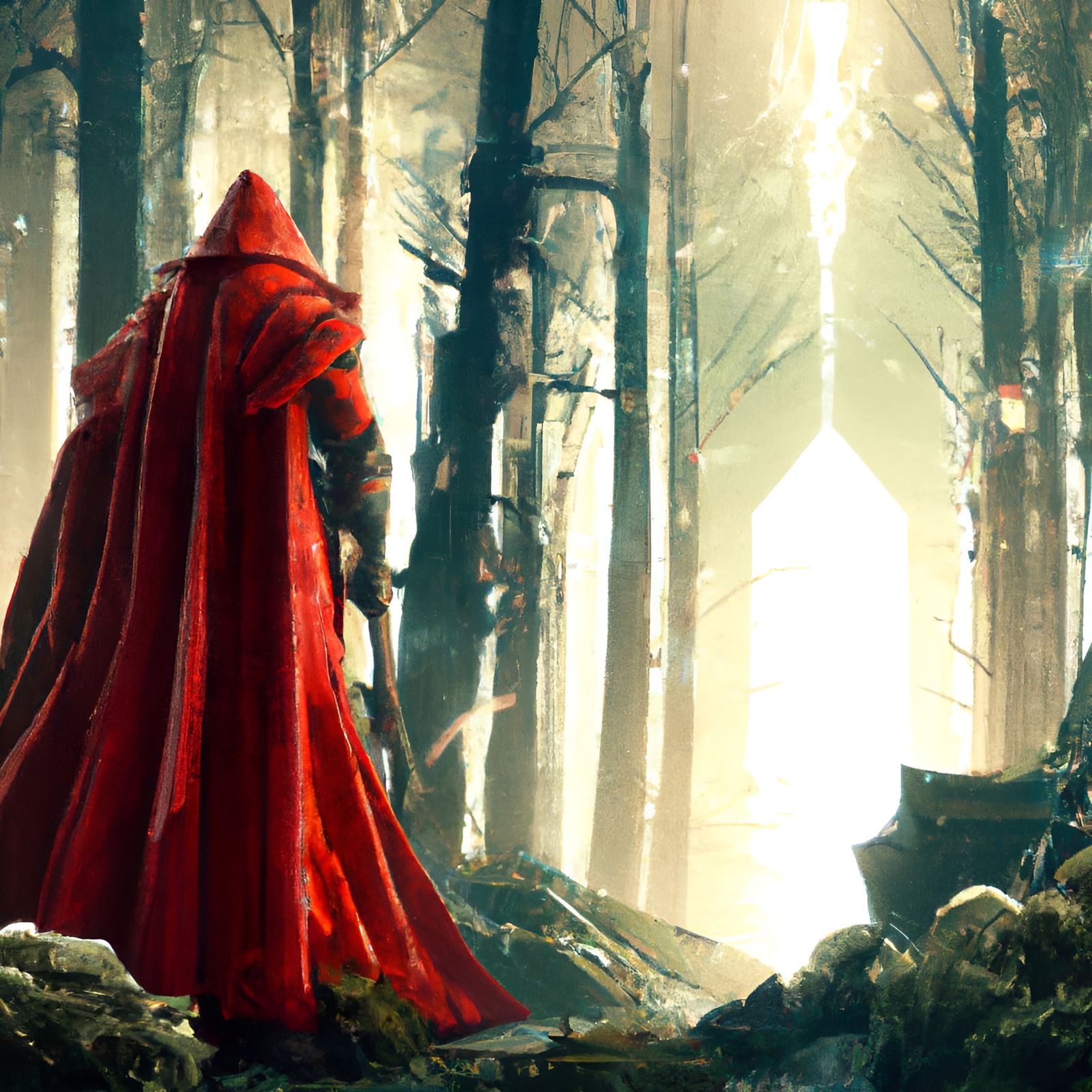 Red Cloak in Forest: Hyperdetailed Romantic Poster Art