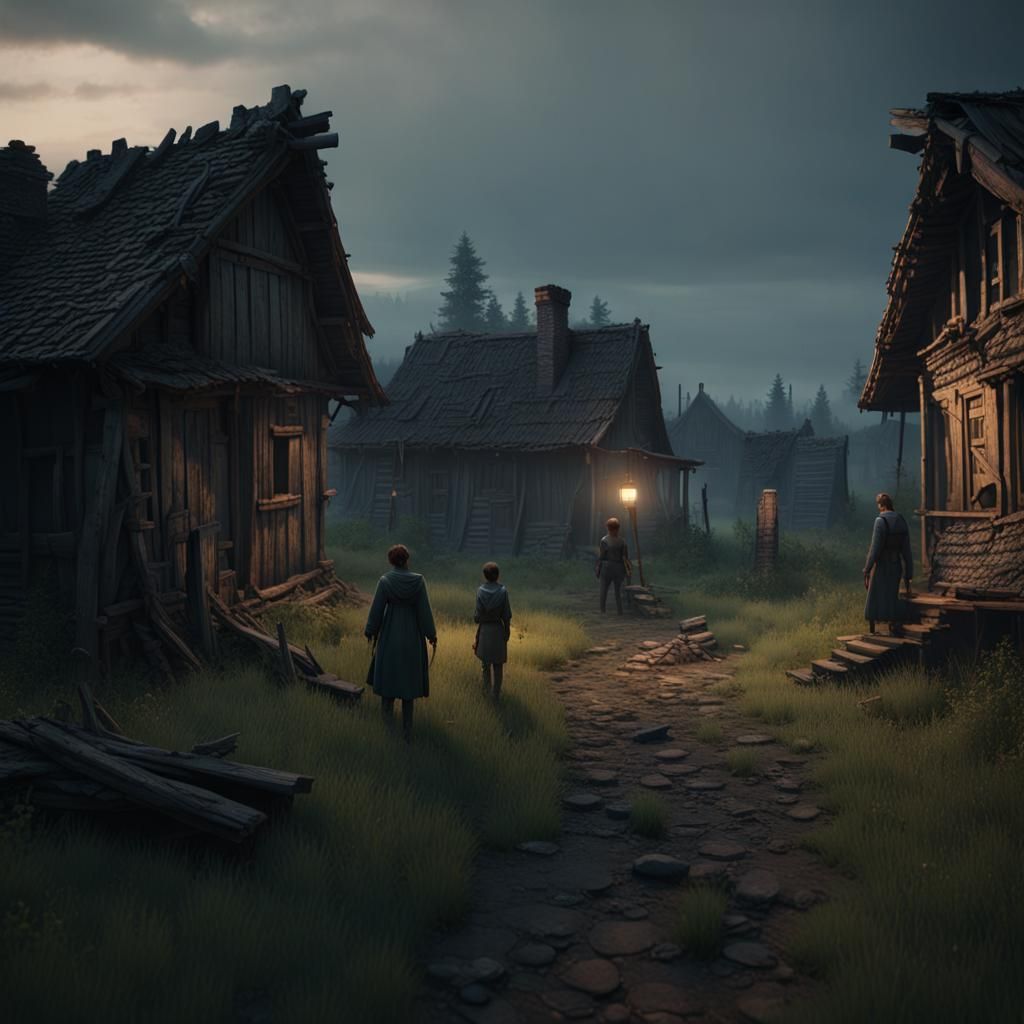 Sinister Village at Dusk in Dark Fantasy Style