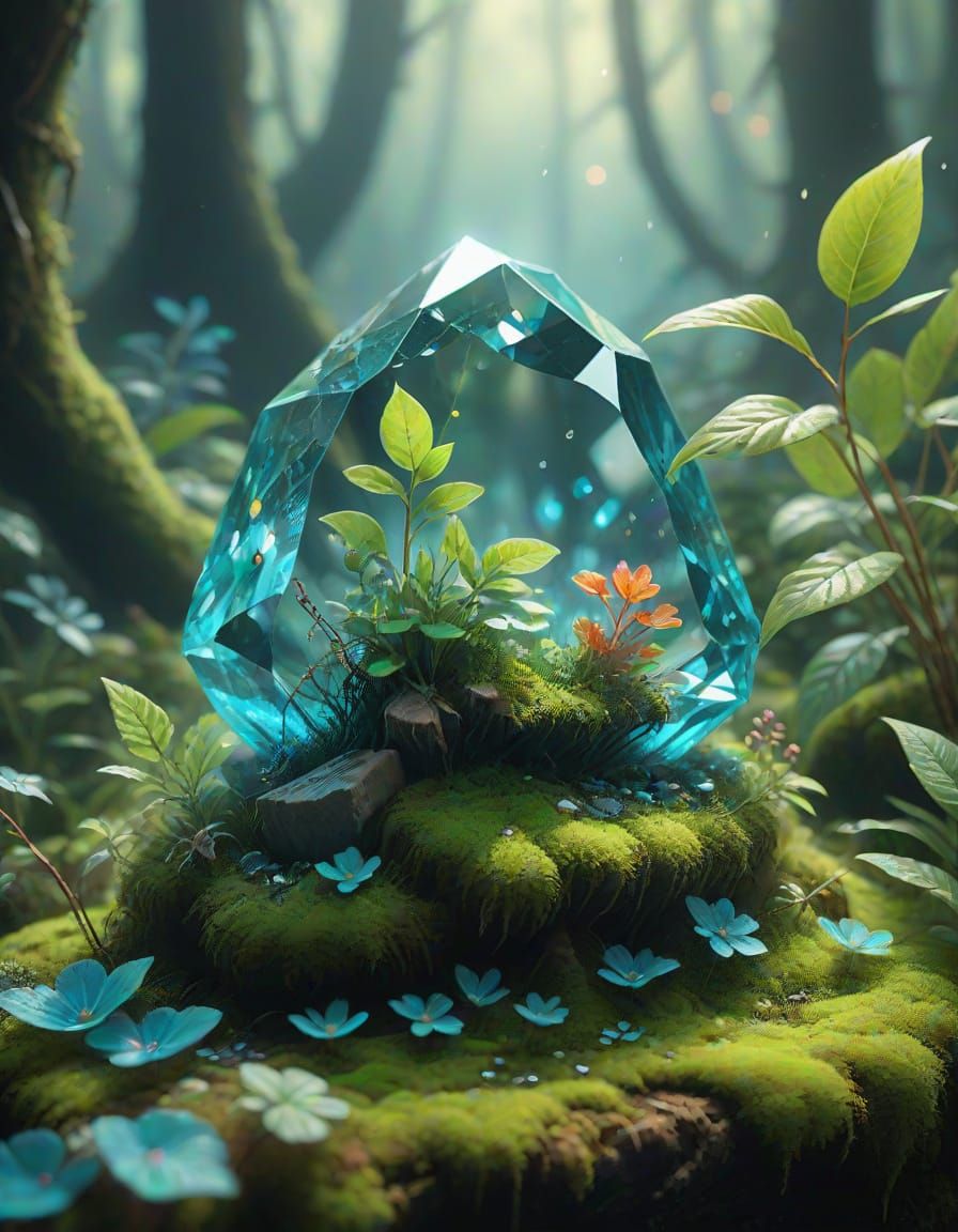 Mystical Turquoise Gemstone Prism in Fantasy Forest