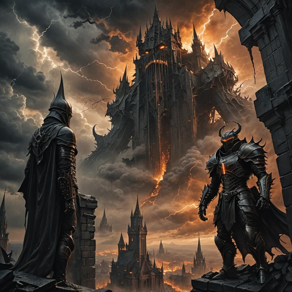 Armored Figure Overlooks Daemon Storm, Gothic Art