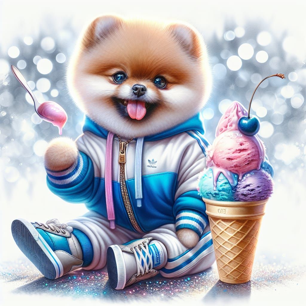 Vibrant Watercolor Pomeranian in Sporty Attire Enjoying Ice ...