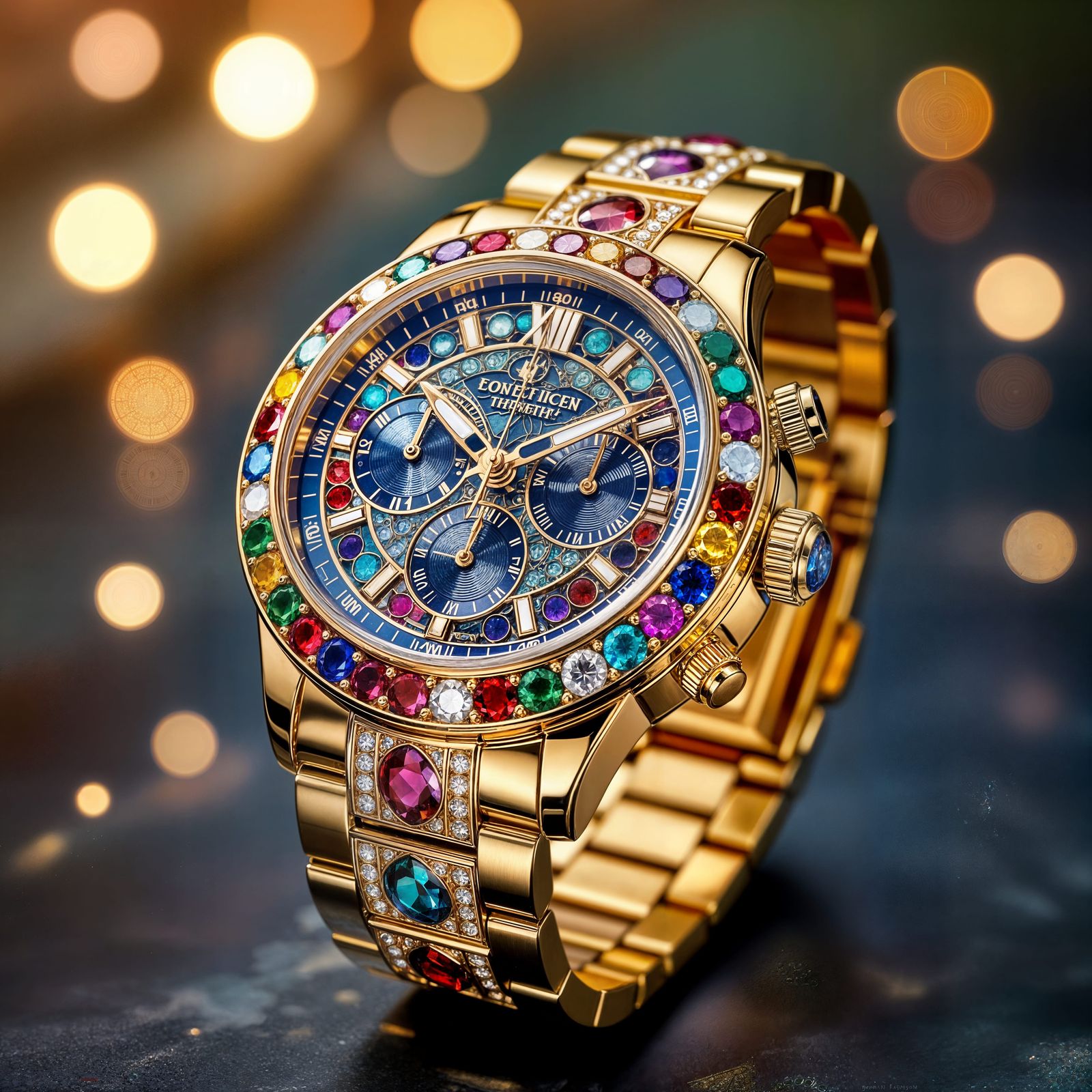 Exquisite Gold Gemstone Watch with Bokeh Background