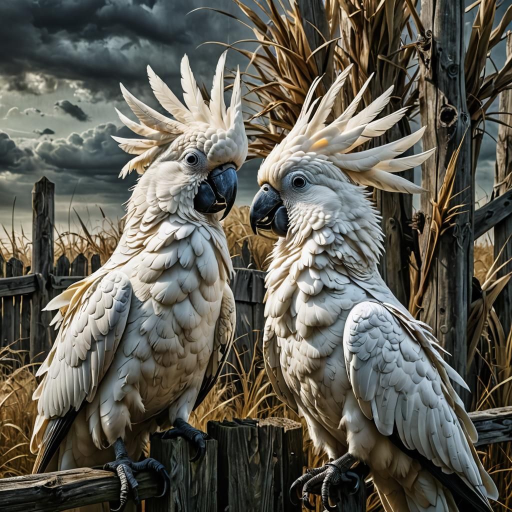 Surreal Cockatoos on Ancient Fence in Macro Detail