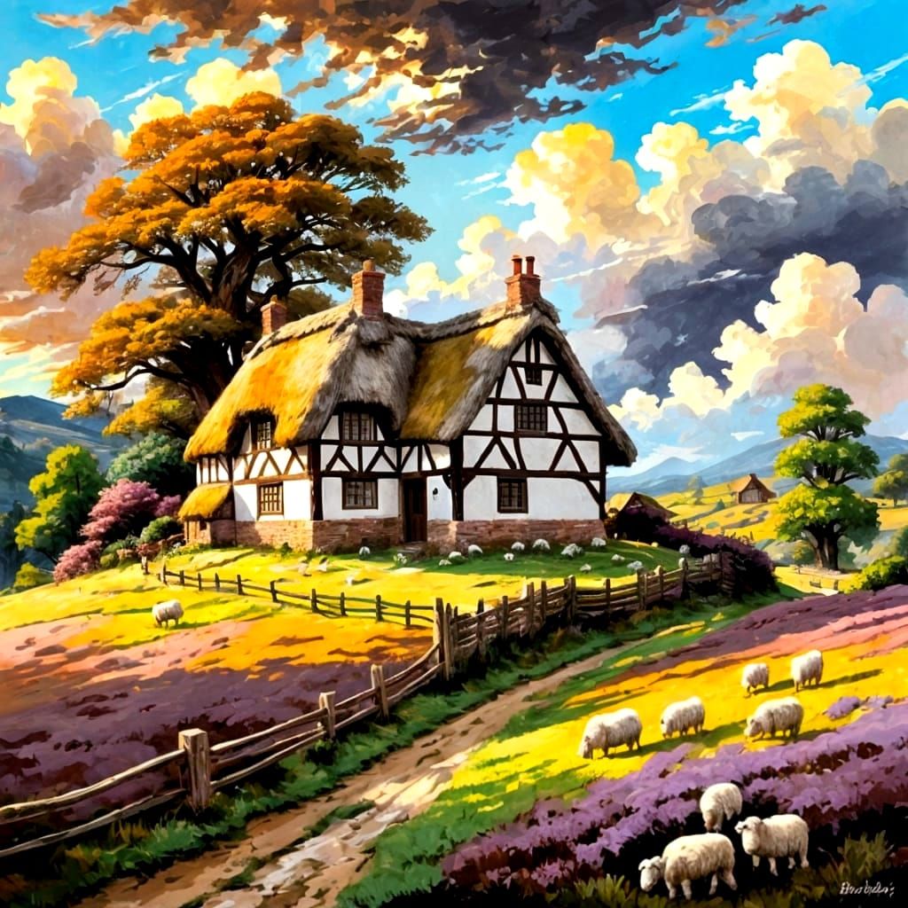 Idyllic Heather Landscape with Thatched House