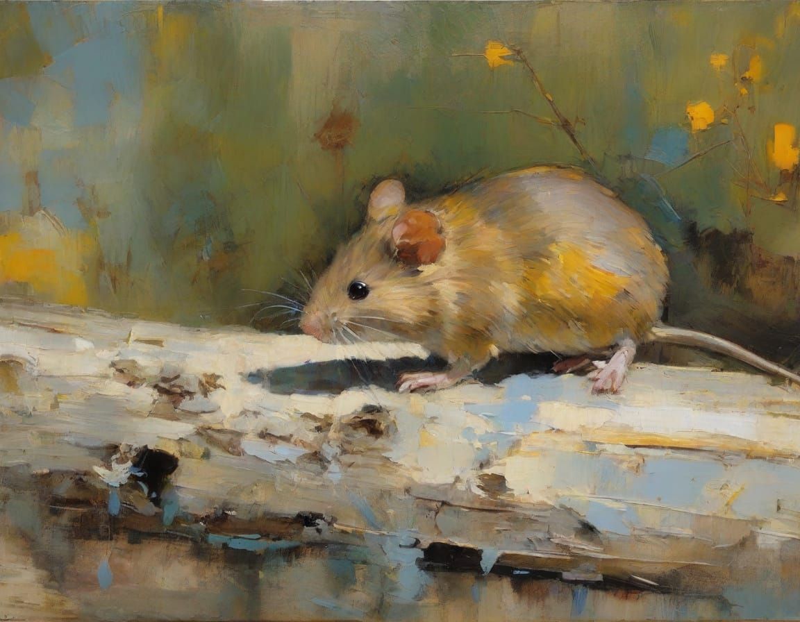 Mouse on Log in Impressionist Oil Painting Style