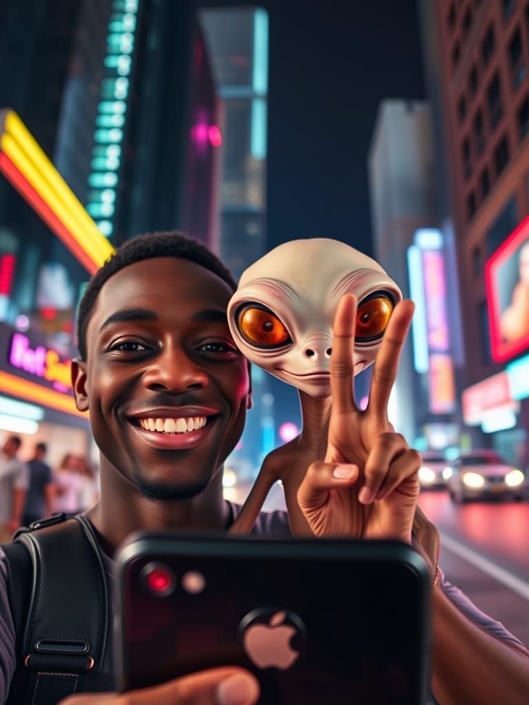 iPhone Selfie with Friendly Alien in Futuristic City