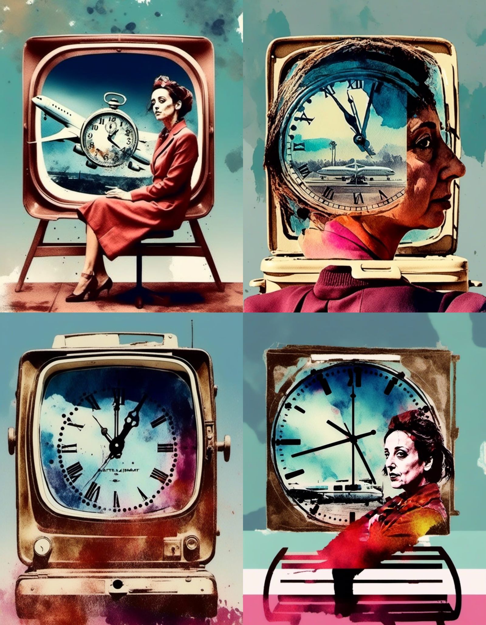 Retro Airport Clock in Double Exposure Watercolor