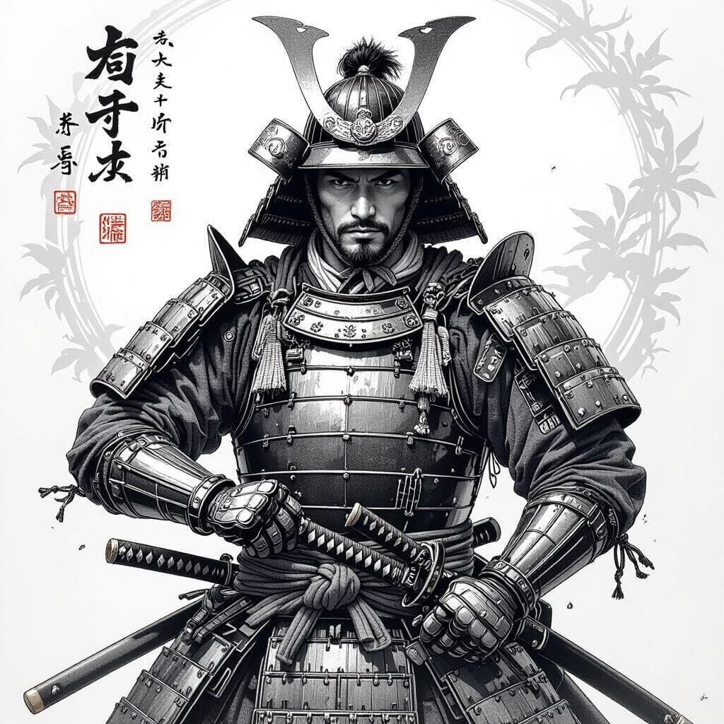Heroic Samurai Warrior in Graphite Pencil Style