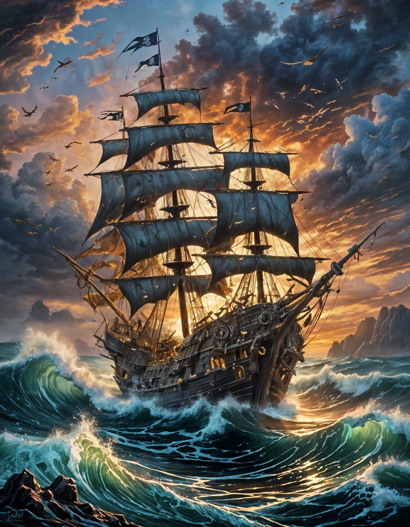 Intricate Pirate Ship Amidst Crashing Waves