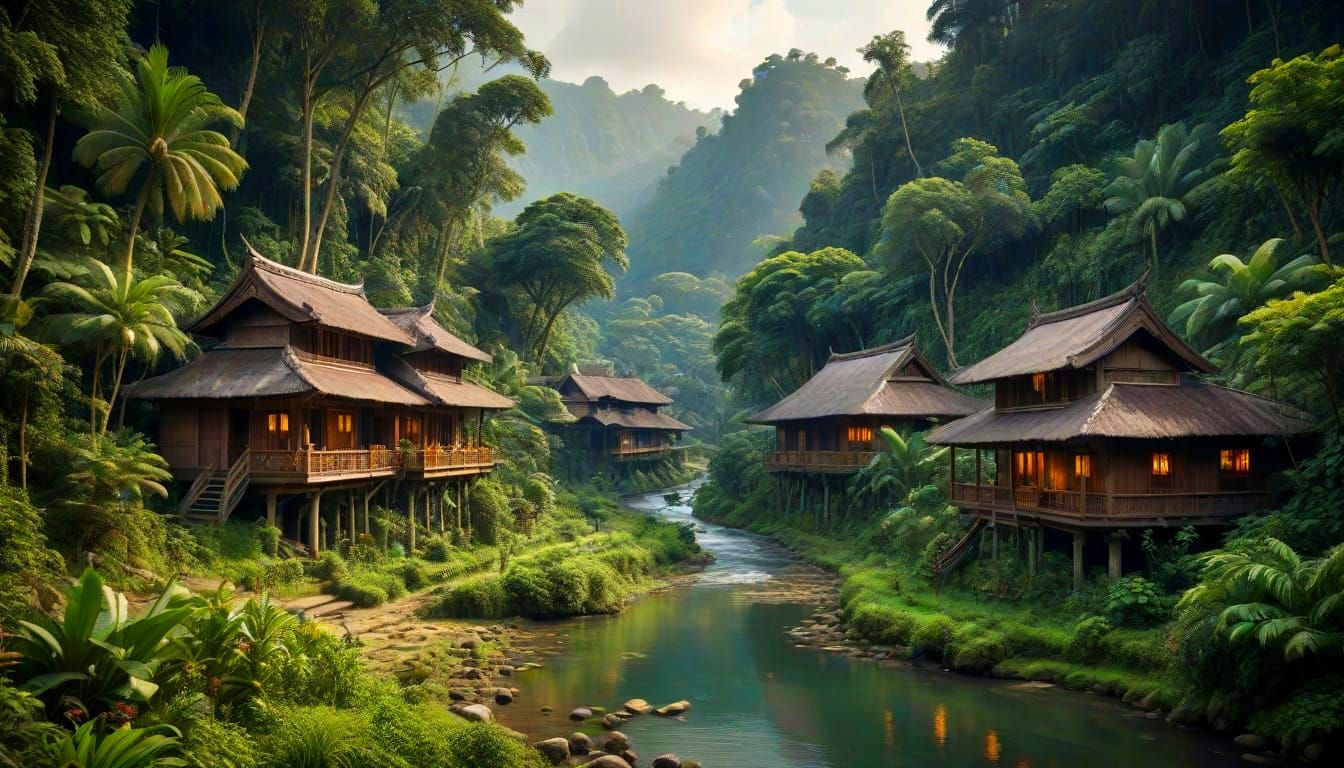 Traditional Batak Houses in Lush Tropical Setting