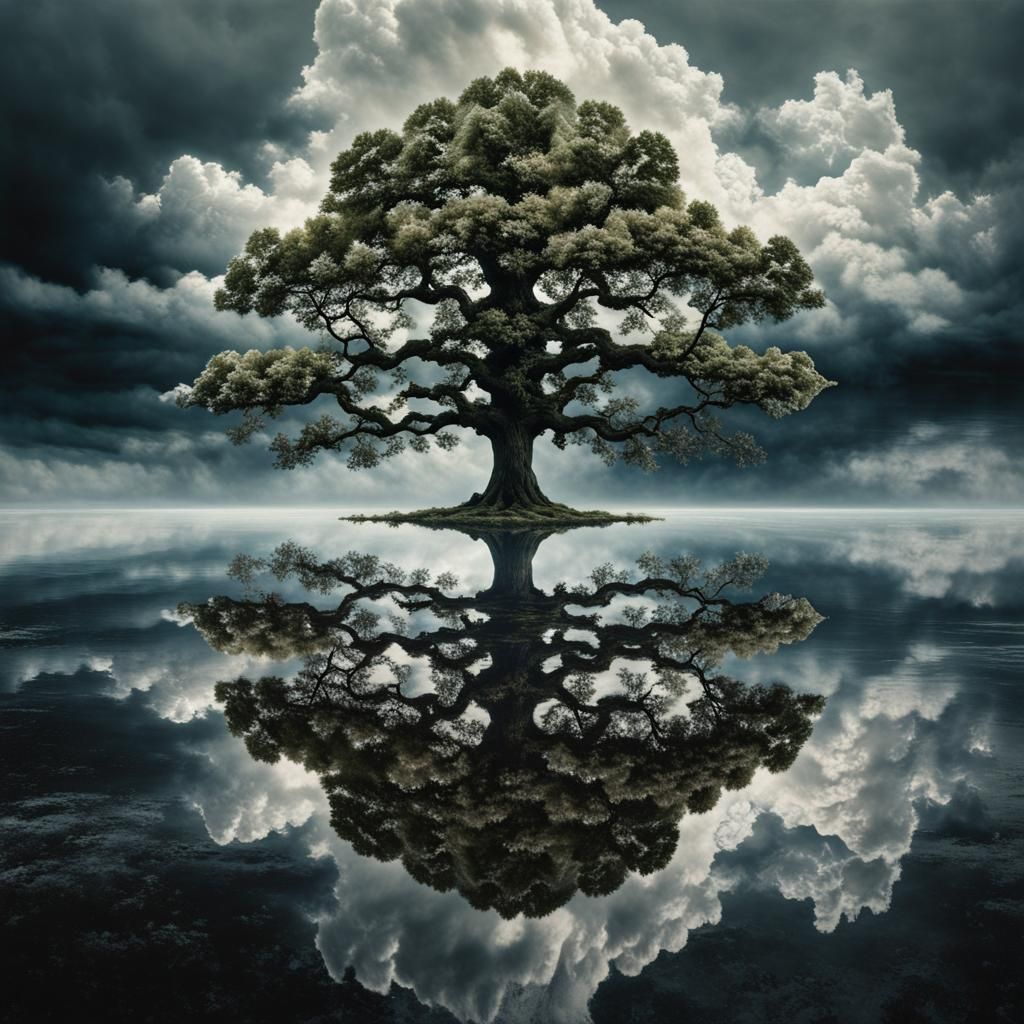 Cloud Tree of Life Reflected: Hyperrealistic Mixed-Media Pho...