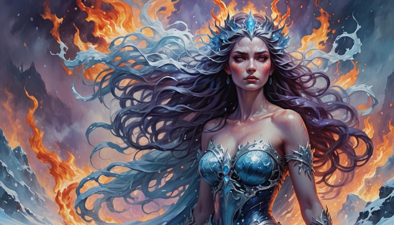 Goddess of Ice and Fire in Oil Painting Style