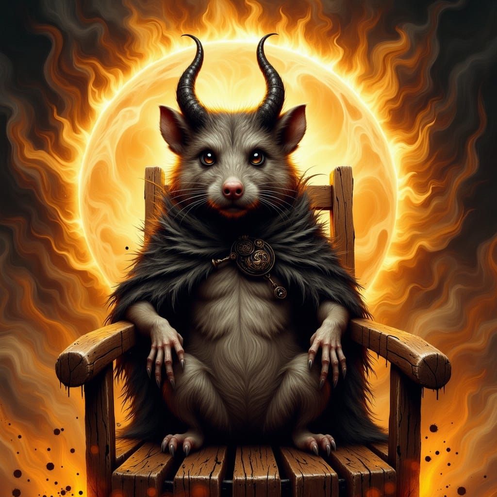 Hamster with demonic horns and pointed ears, sitting on a throne