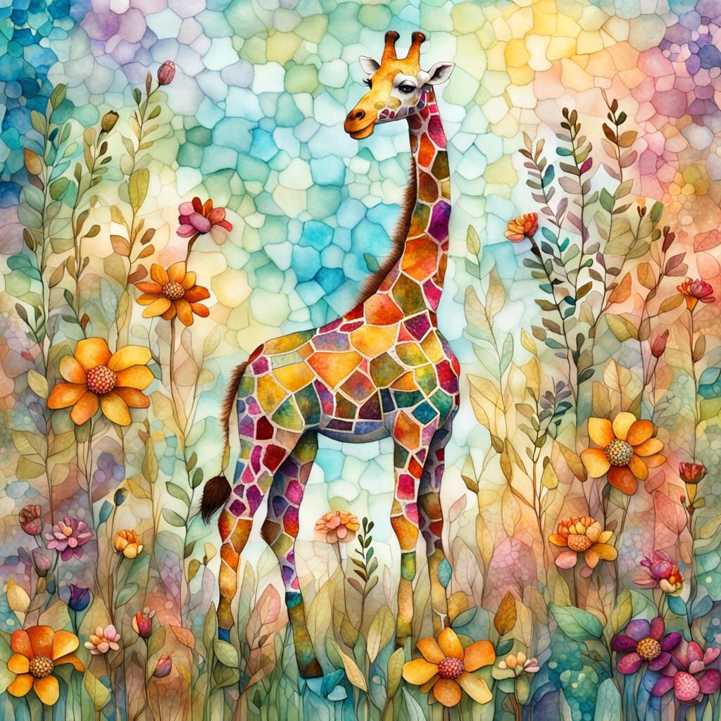 Whimsical Fantasy Portrait of a Lush Giraffe in a Vibrant Me...