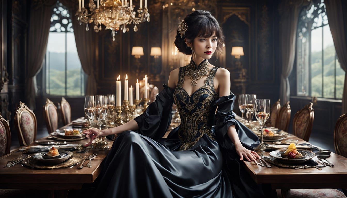 Elegant Woman Toasts New Year in Dark Fantasy Chateau