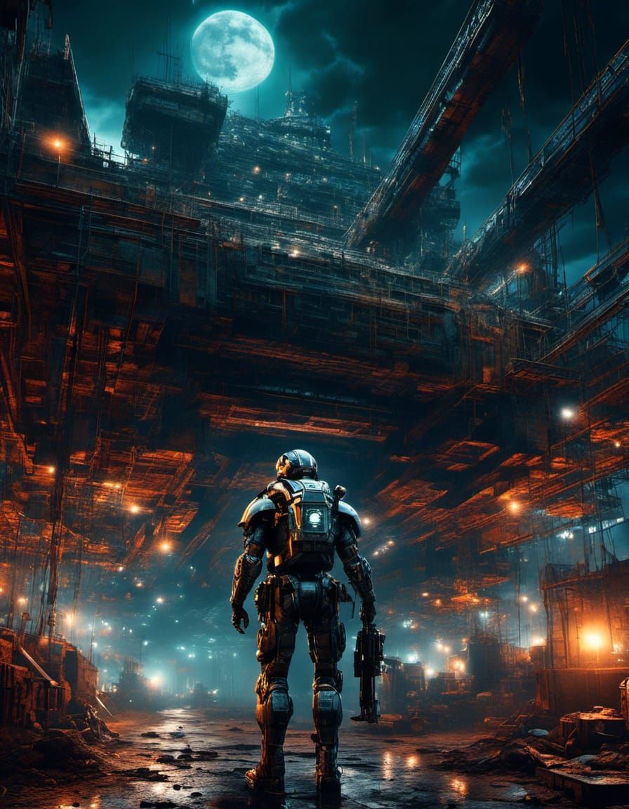 Cyborg in Trashpunk Wasteland at Night