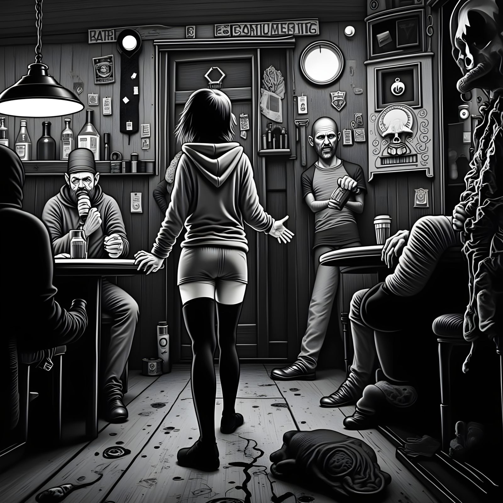 1930s Cartoon Style Woman Enters Grungy Bar