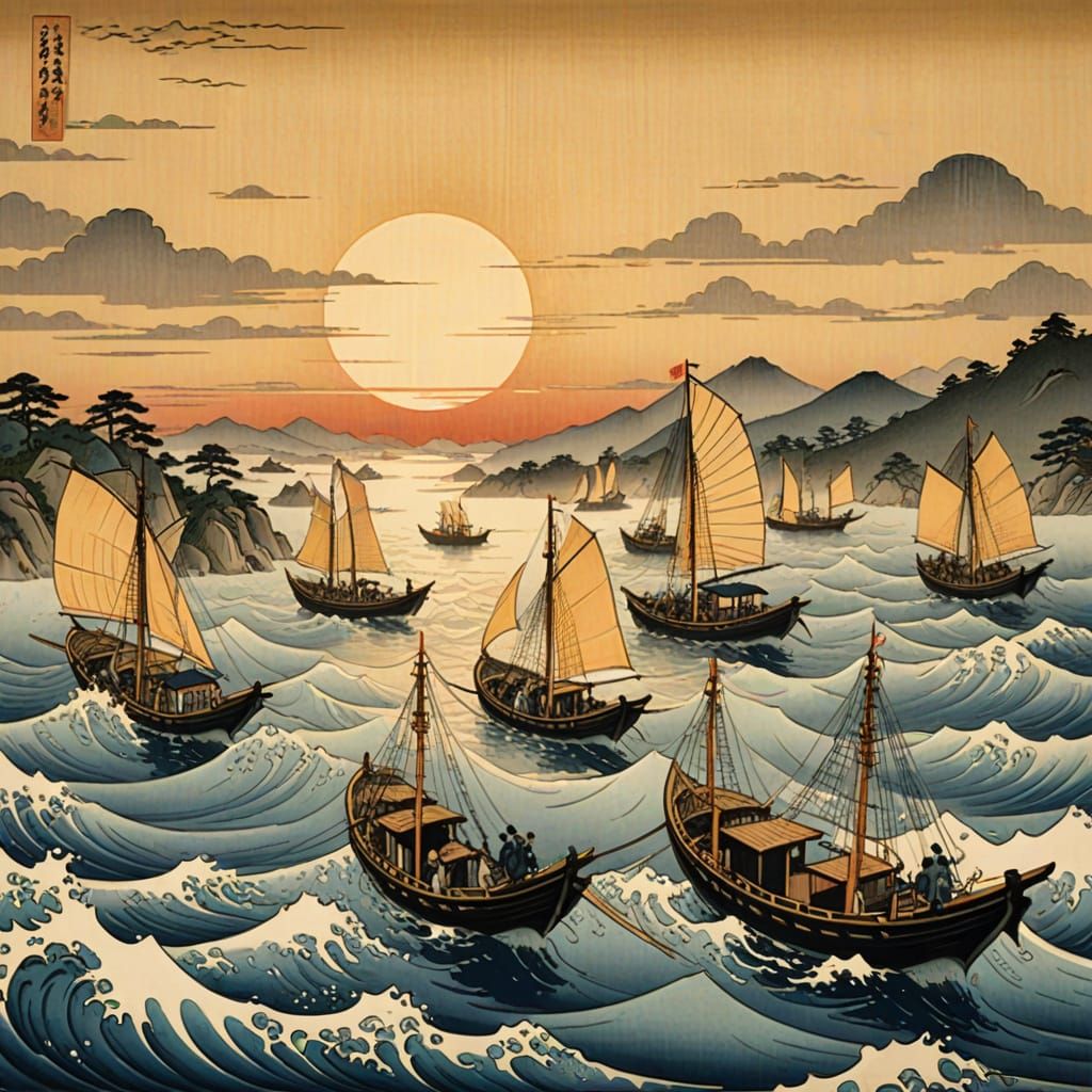 Fishermen's Boats at Dusk in Ukiyo-e Style